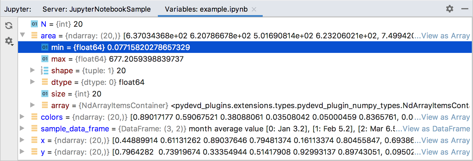 Jupyterサーバーツールウィンドウ: 「変数」タブ Jupyter server tool window: the Variables tab