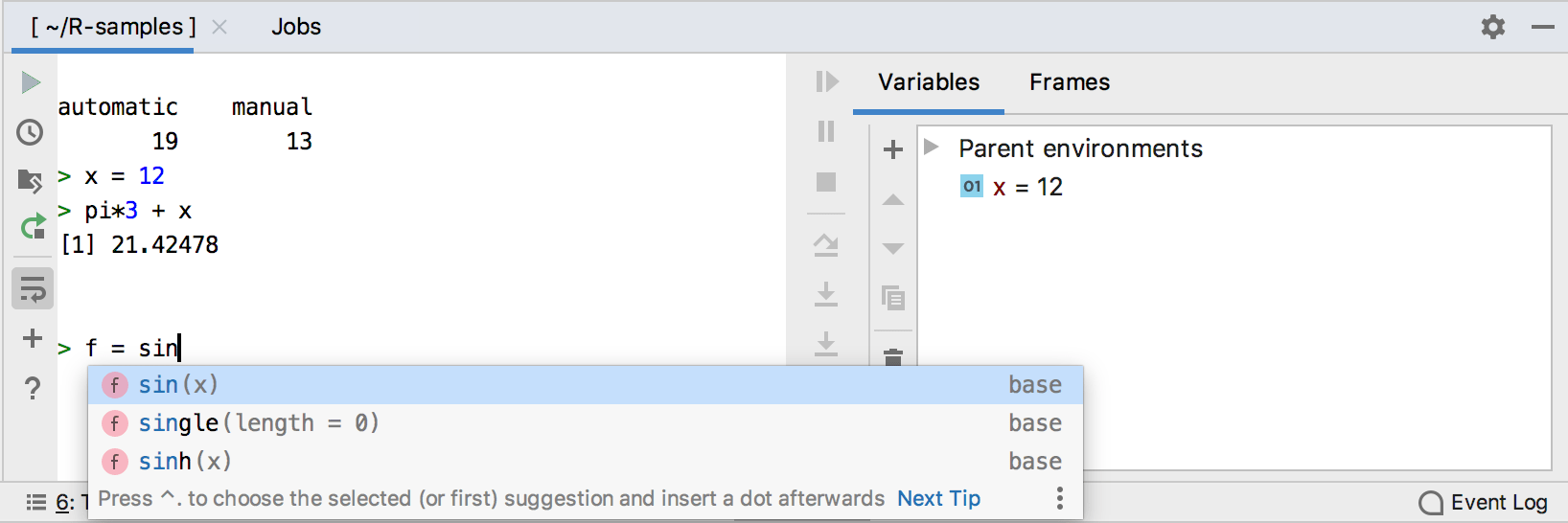 Executing commands in the R console Executing commands in the R console