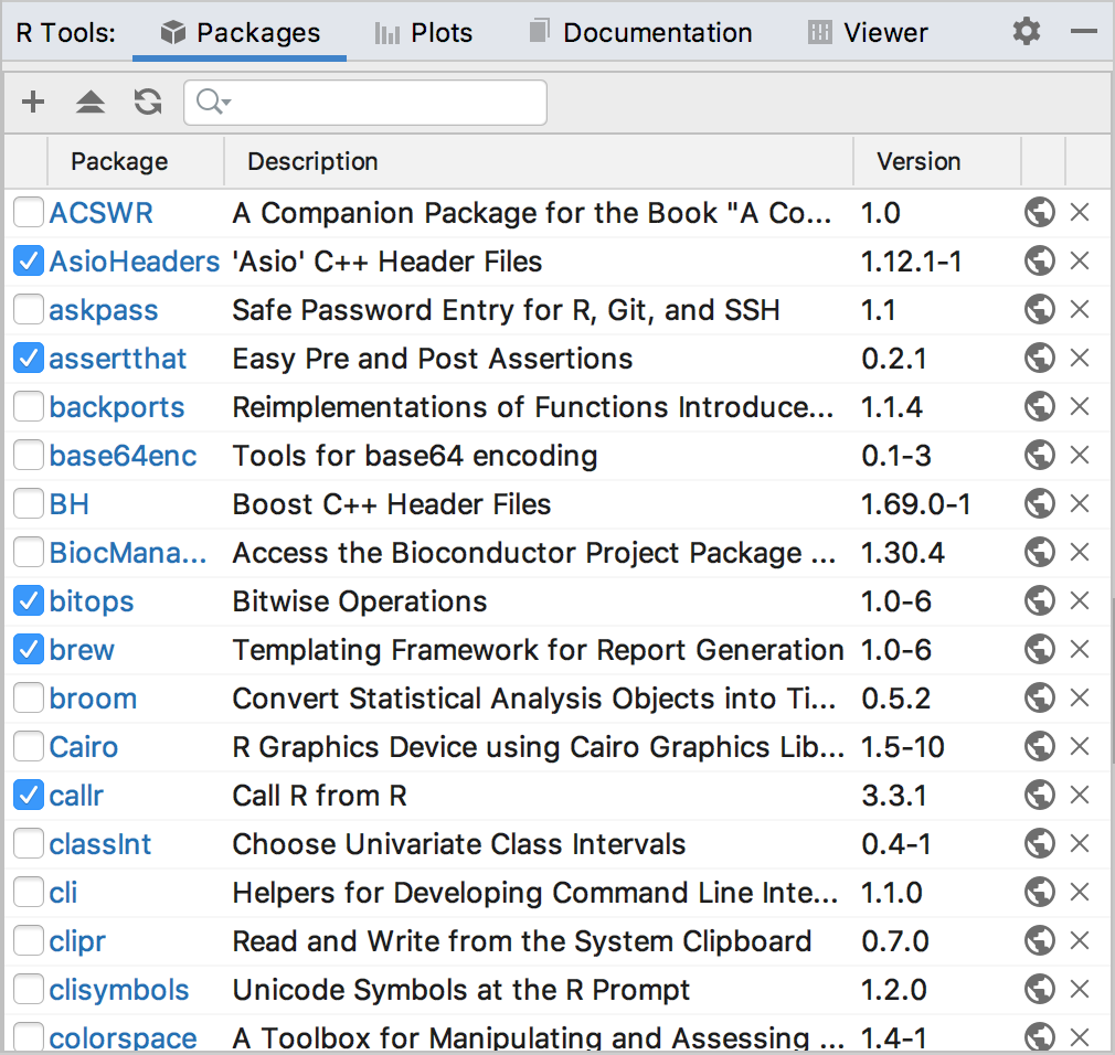 The list of the installed R packages The list of the installed R packages
