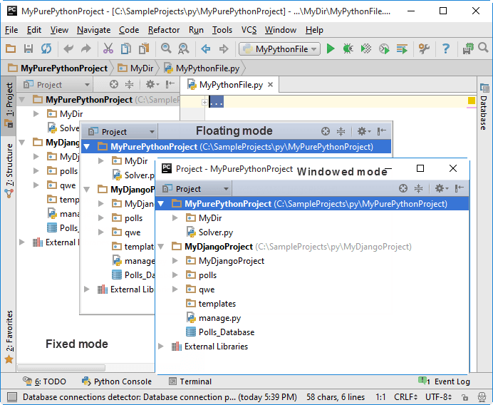 ツールウィンドウモード: 固定、フローティング、ウィンドウ Tool window modes: fixed, floating, window