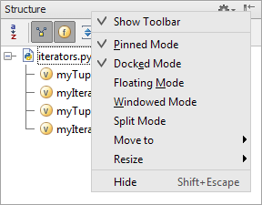 ツールウィンドウタイトルのコンテキストメニュー Context menu of a tool window title
