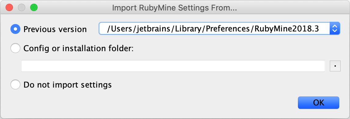 ダイアログからRubyMine設定をインポート Import RubyMine Settings From dialog