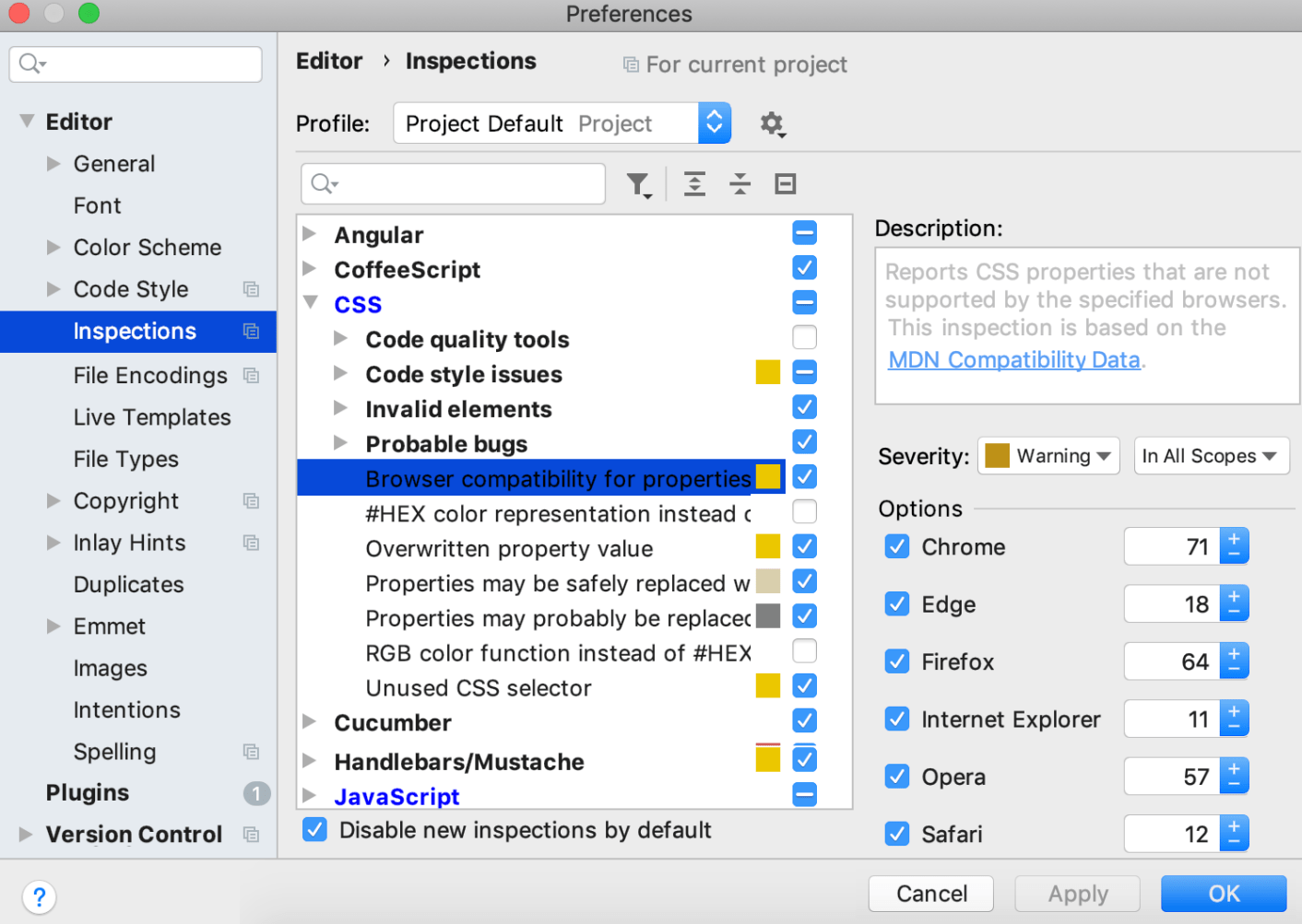 CSSの互換性インスペクションの設定 CSS compatibility inspection settings