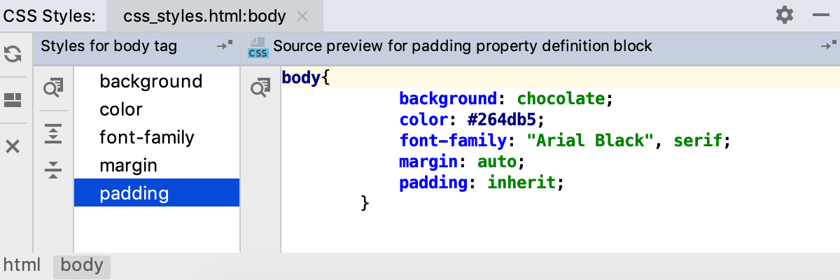bodyタグに適用されているスタイルの表示 Viewing the styles applied to the tag<body>