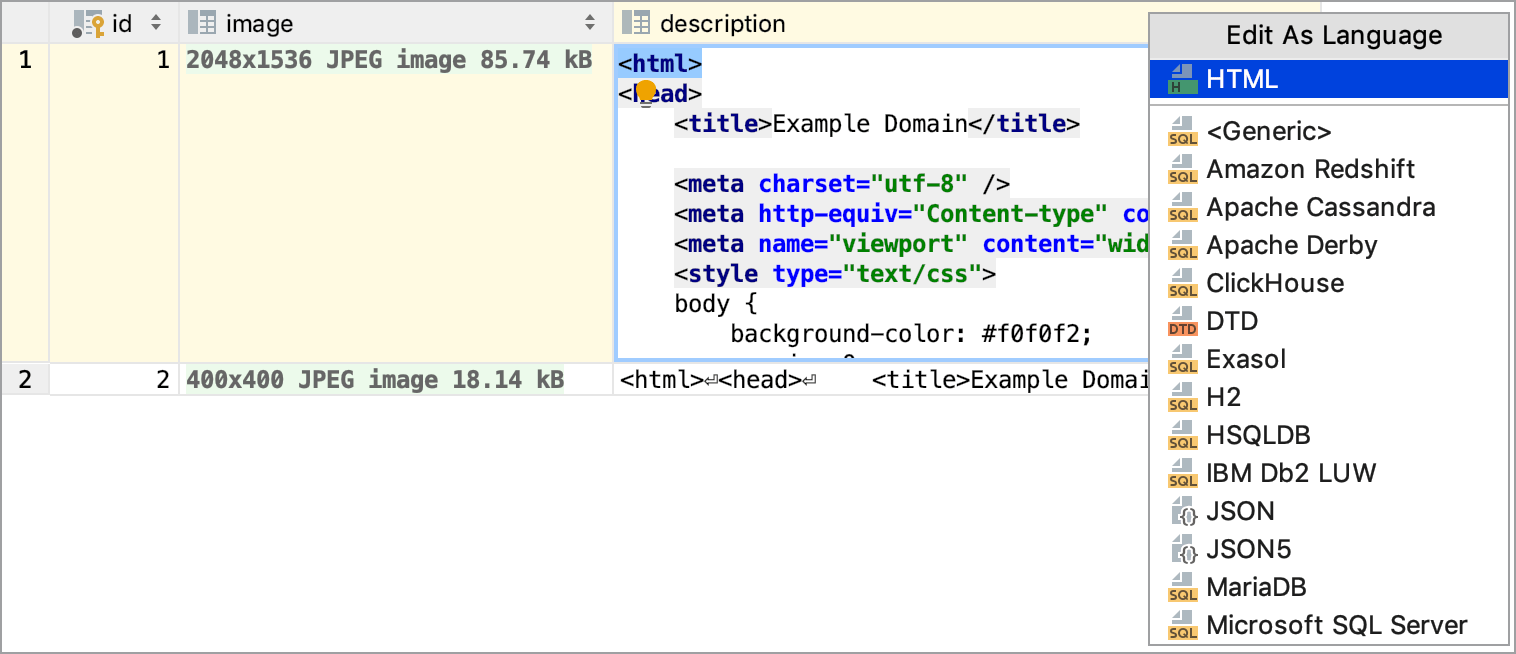 列に言語を挿入する Inject a language for a column