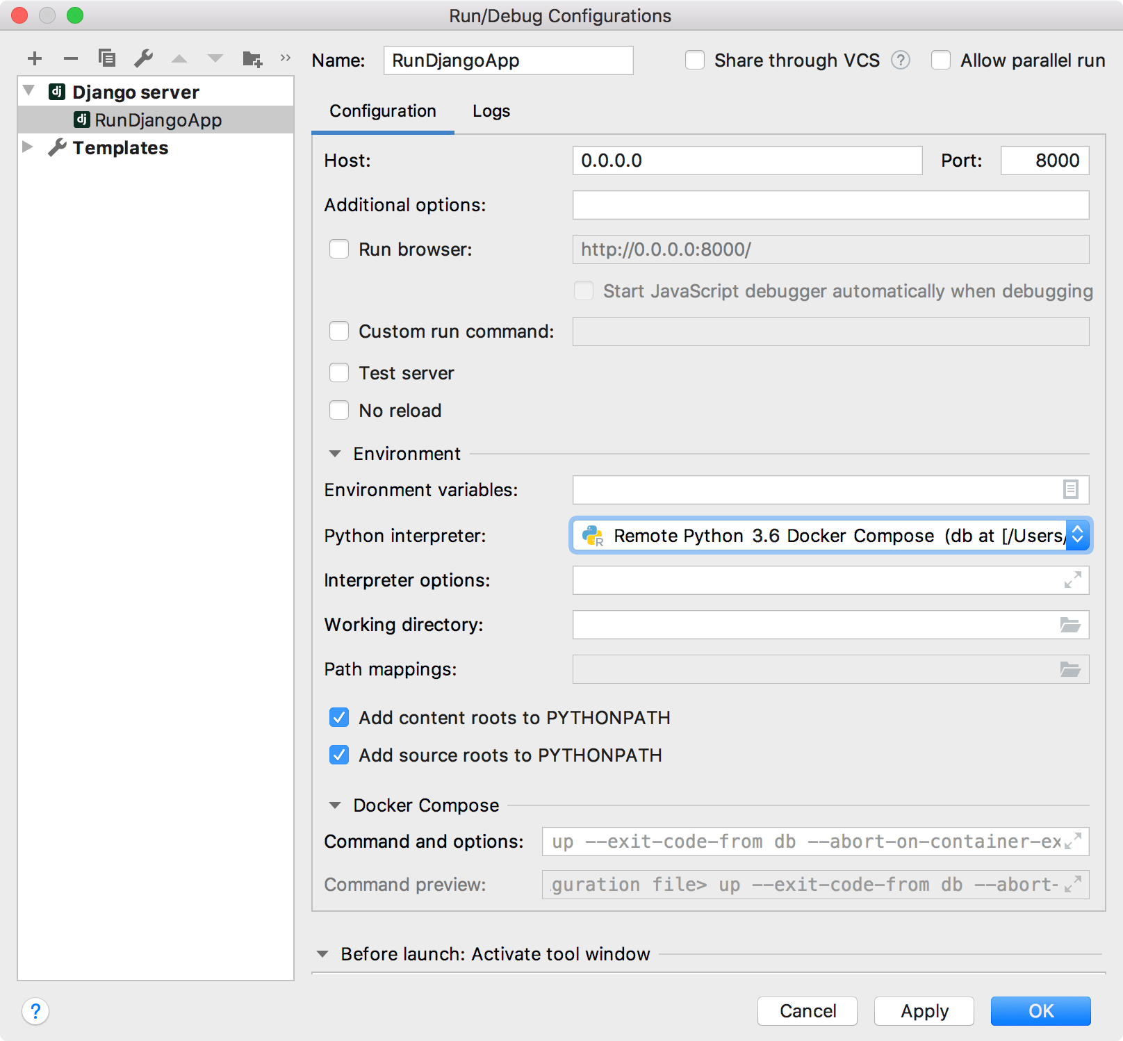 Djangoサーバーの実行/デバッグ構成 Run/Debug configuration for a Django server