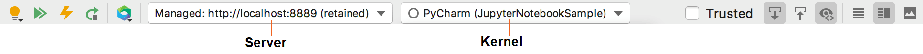 Jupyterノートブックツールバー。管理対象サーバーが接続されています Jupyter notebook toolbar; Managed server is connected