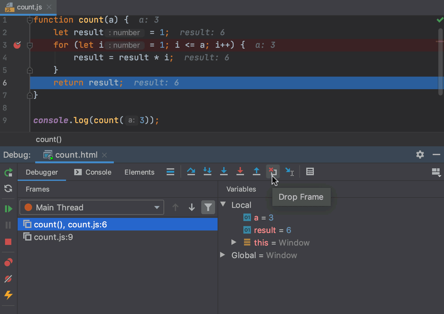 Dropping frame and resuming the program: the variables are reverted to their initial values