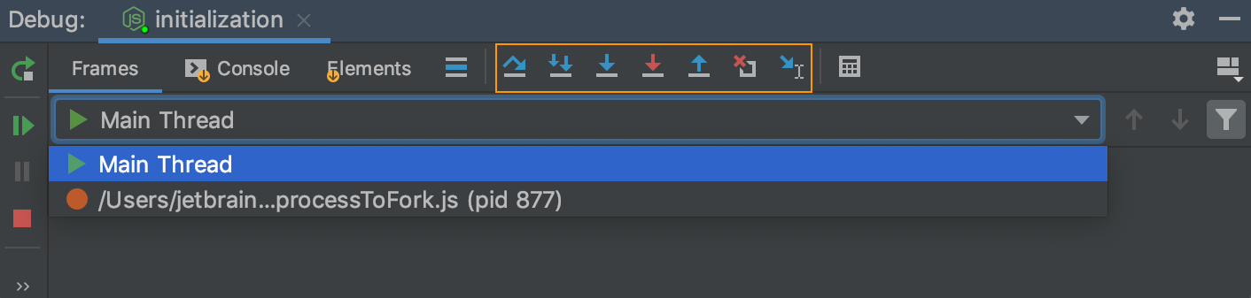 デバッグツールウィンドウ: ツールバーのステップボタン Debug tool window: stepping buttons on the toolbar