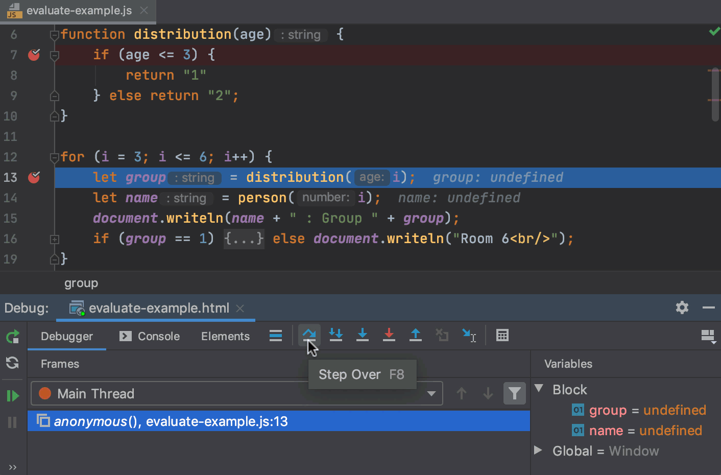 Step over: stopping at a breakpoint within the skipped method