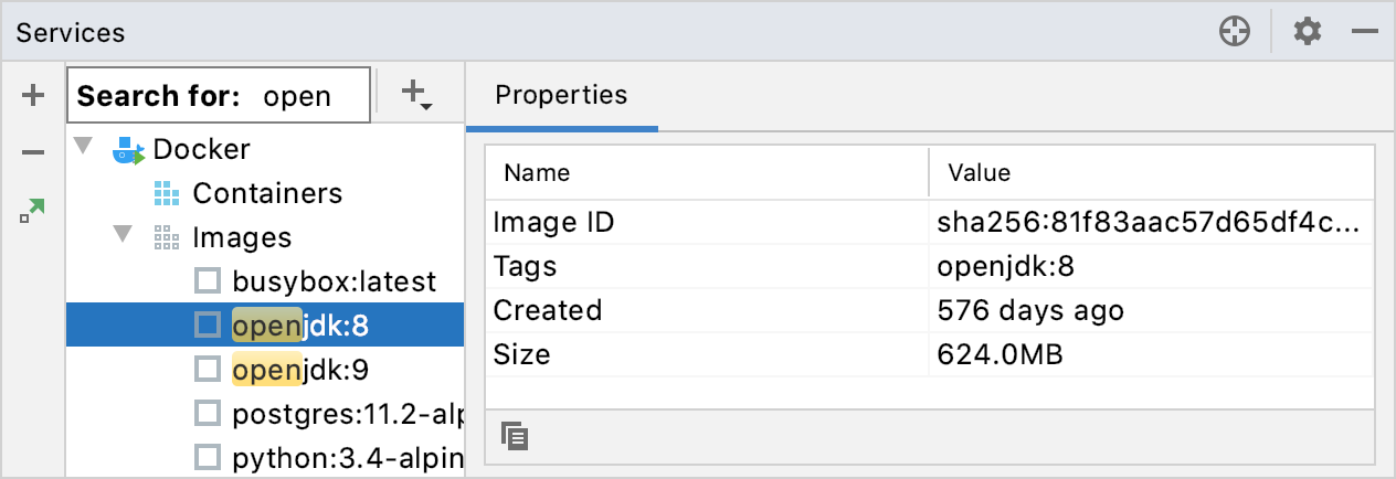 Docker ツールウィンドウ、テキスト検索 The Docker tool window, text search