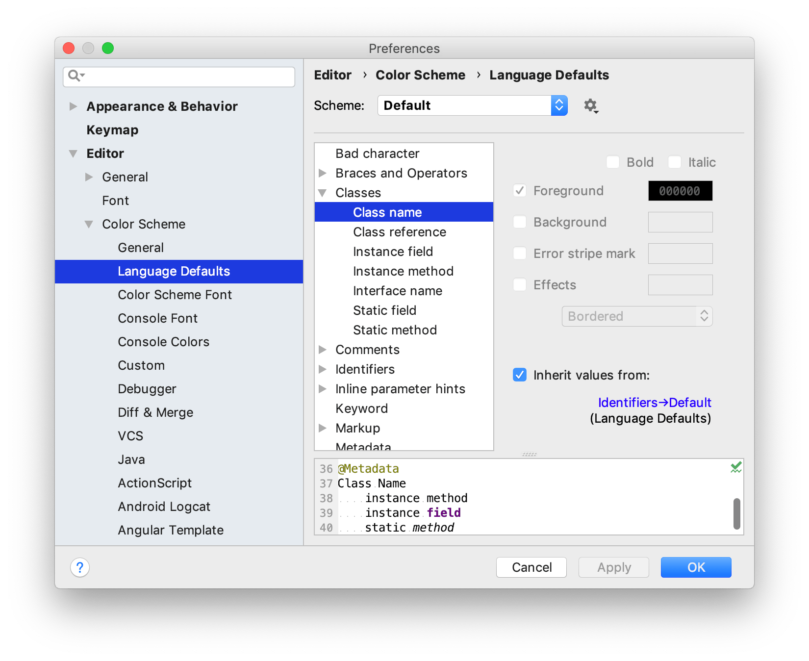 配色設定の言語デフォルトセクション Language Defaults section under Color Scheme settings