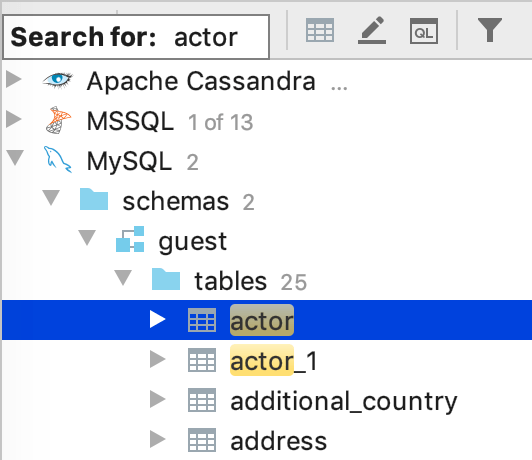 データベースツリービューでオブジェクトを探す Find an object in the database tree view