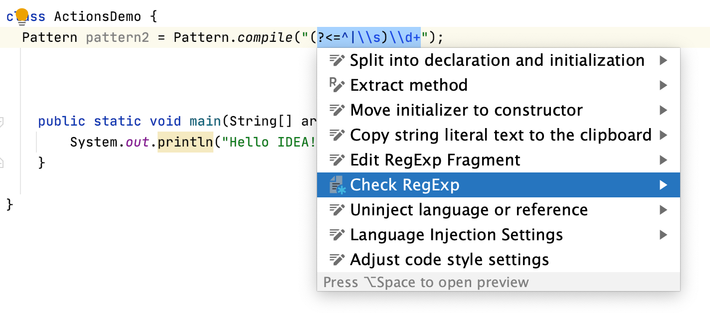 インテンションのコンテキストメニュー Context menu with intentions