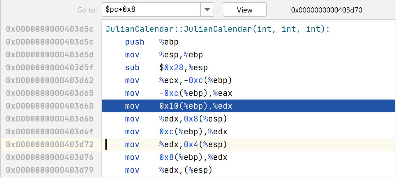 逆アセンブルビューのGo toフィールドのレジスターを参照する Refferring to a register in the Go to field of the disassembly view