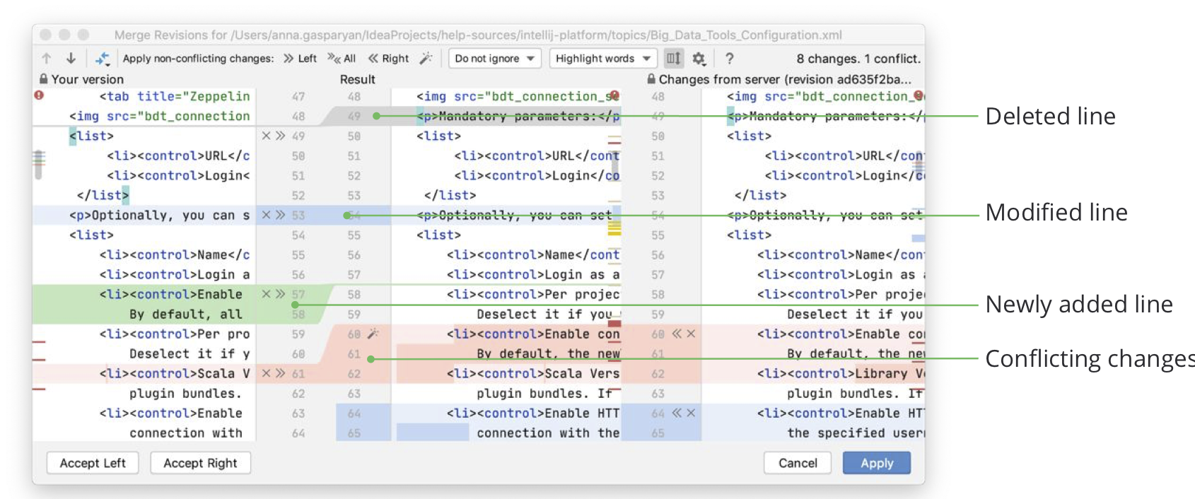 競合解決ツールでの色分け color coding in the conflict resolution tool
