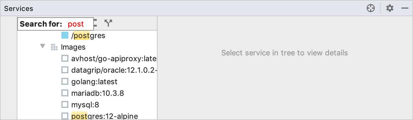 Dockerツールウィンドウ、テキスト検索 The Docker tool window, text search