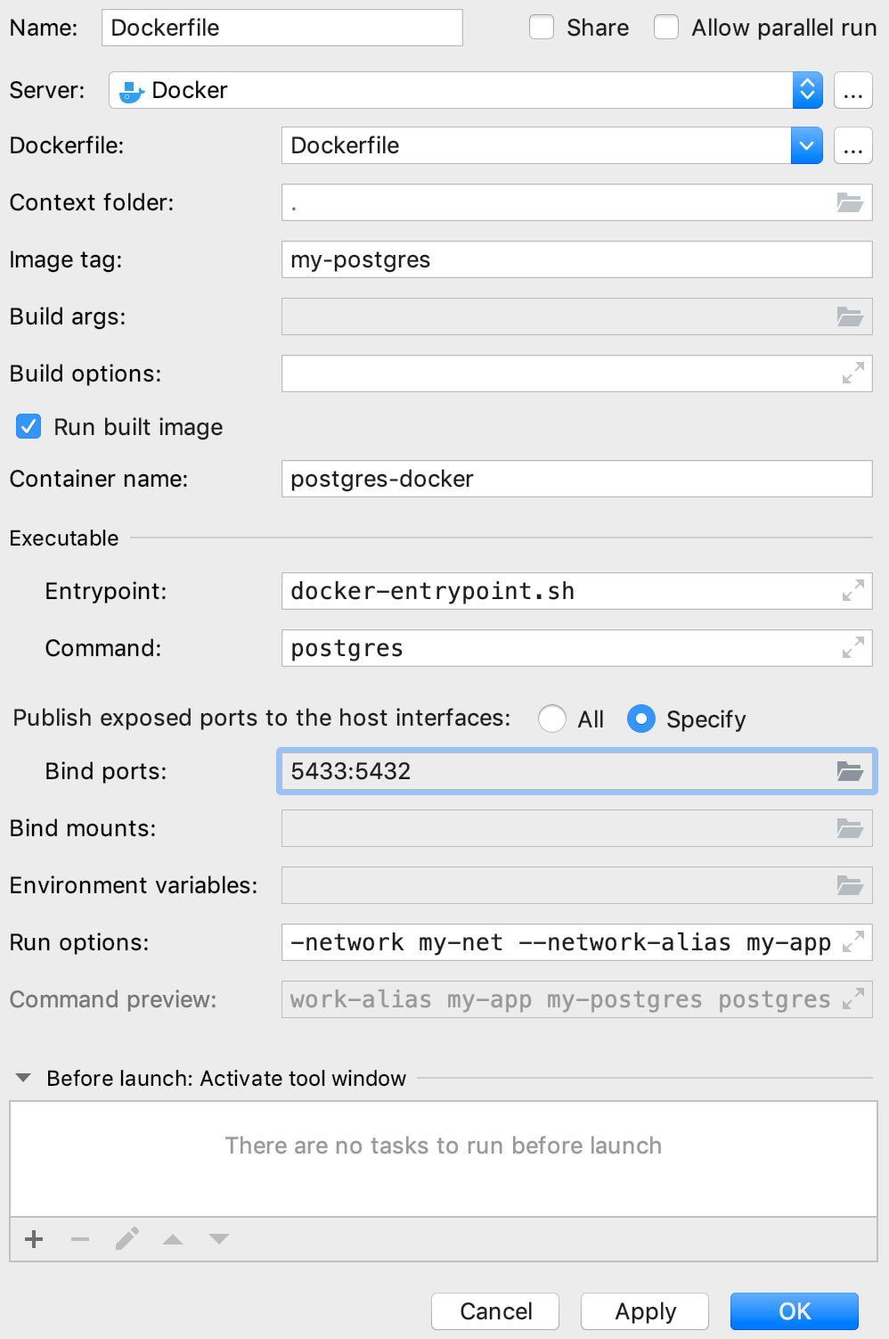 バインドポートを使用したEdit デプロイ Configurationダイアログ The Edit Deployment Configuration dialog with bind ports