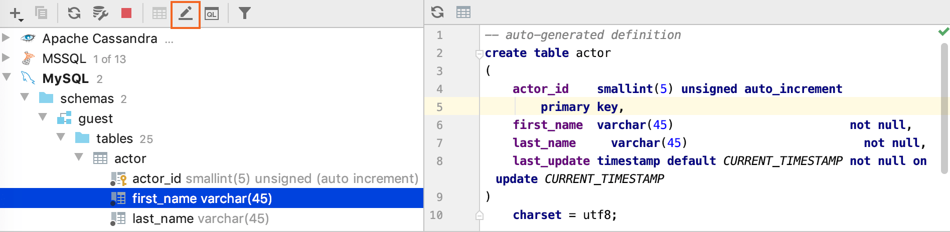 データベースオブジェクトのDDL定義を編集する Edit the DDL definition of a database object