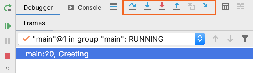デバッグツールウィンドウのステップボタン Stepping buttons in the Debug tool window