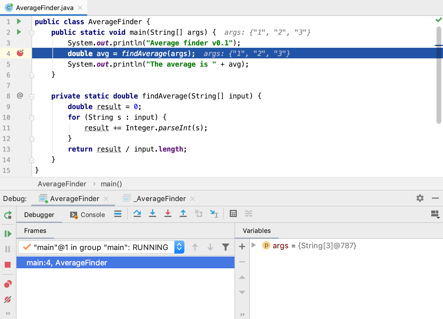 デバッグツールウィンドウが表示されます。ブレークポイントのある行が強調表示されます Debug tool window appears. The line with the breakpoint is highlighted