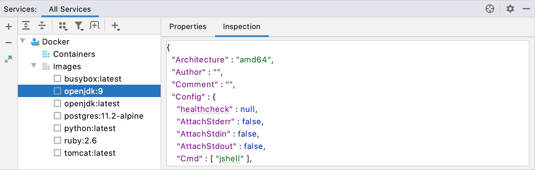 Dockerイメージインスペクションタブ Docker image Inspection tab