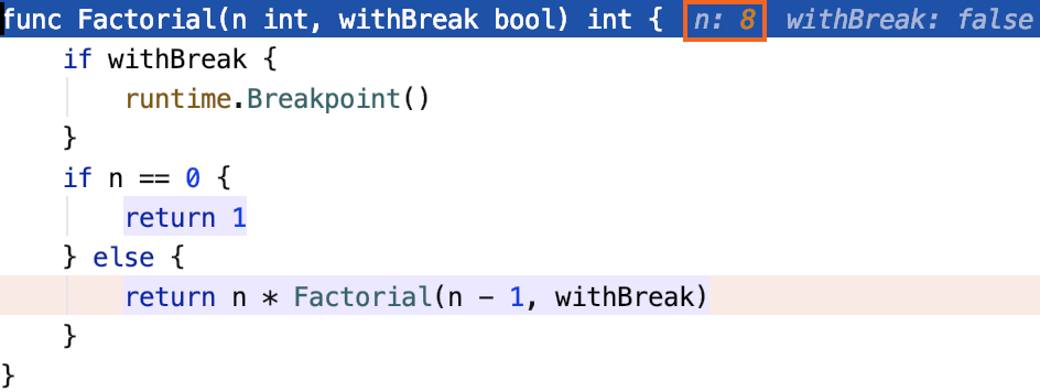 変数のインライン値は各ステップで変化する Inline values of the variables change with each step