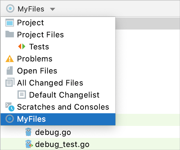 プロジェクトツールウィンドウに表示される新しいスコープ The new scope shown in the Project tool window