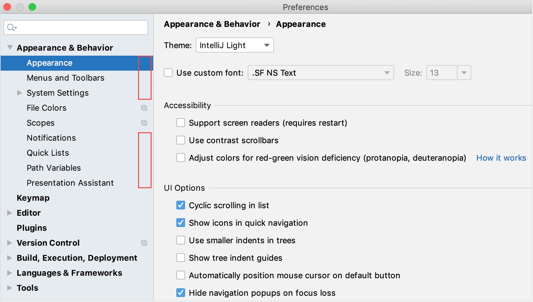 設定/環境設定ダイアログでマークされたグローバル設定 Global settings marked in the Settings/Preferences dialog