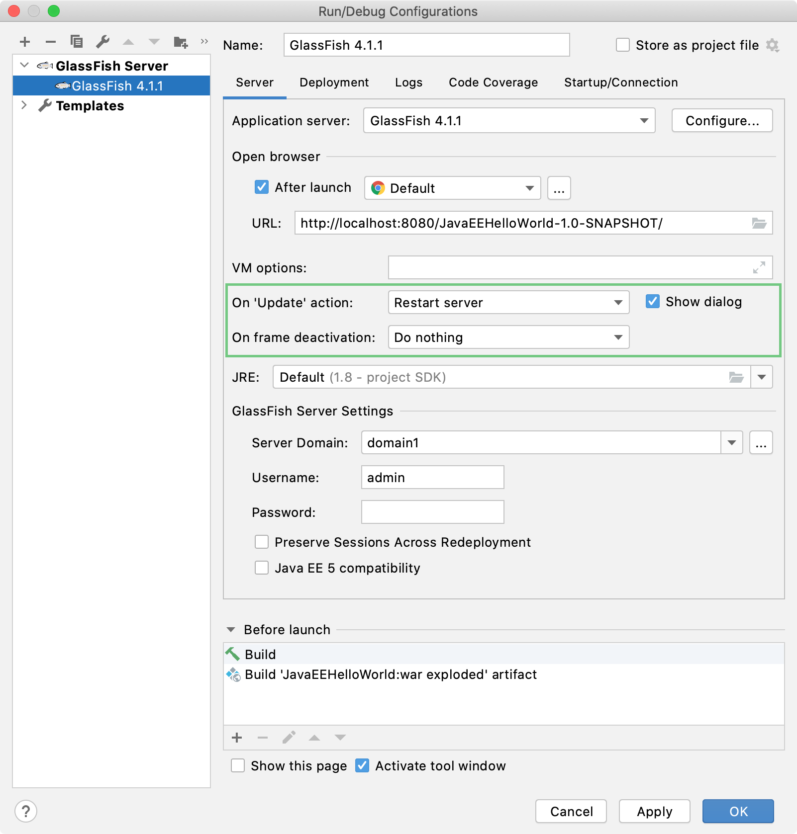 GlassFish実行構成でのアプリケーション更新アクションの構成 Configure application update actions in the GlassFish run configuration