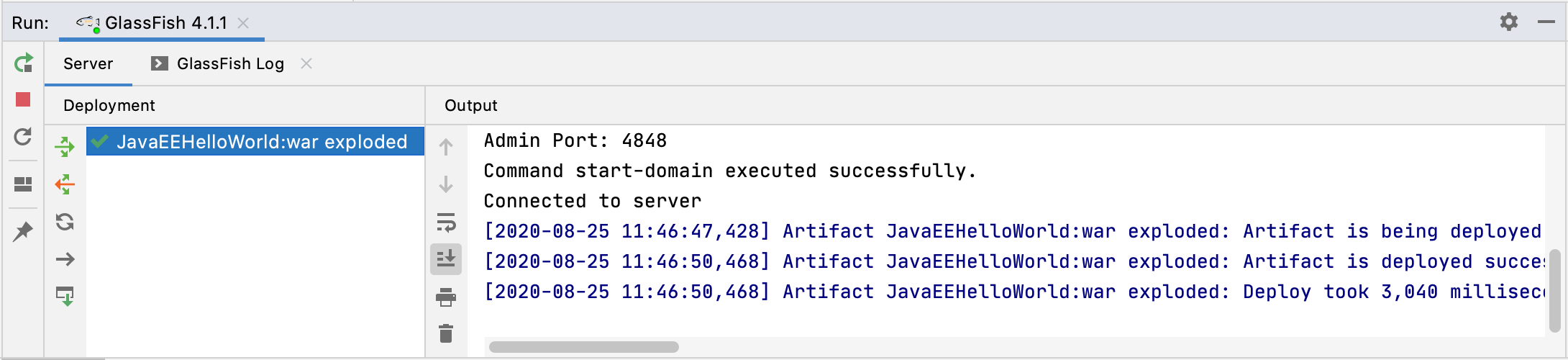 実行ツールウィンドウでGlassFishサーバーとデプロイされたアプリケーションを起動しました Started GlassFish server and deployed application in the Run tool window