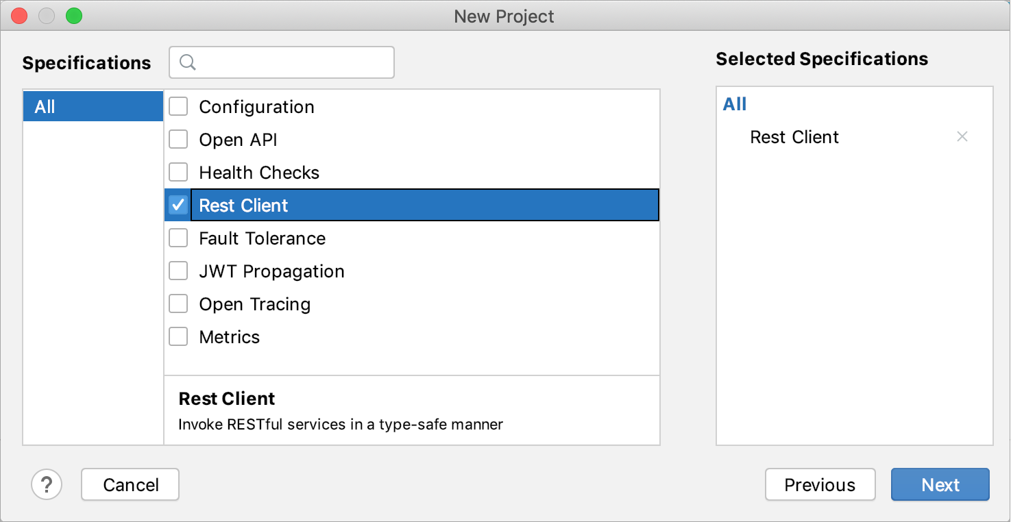 新しいMicroProfileプロジェクトの仕様の選択 Selecting specifications for the new MicroProfile project