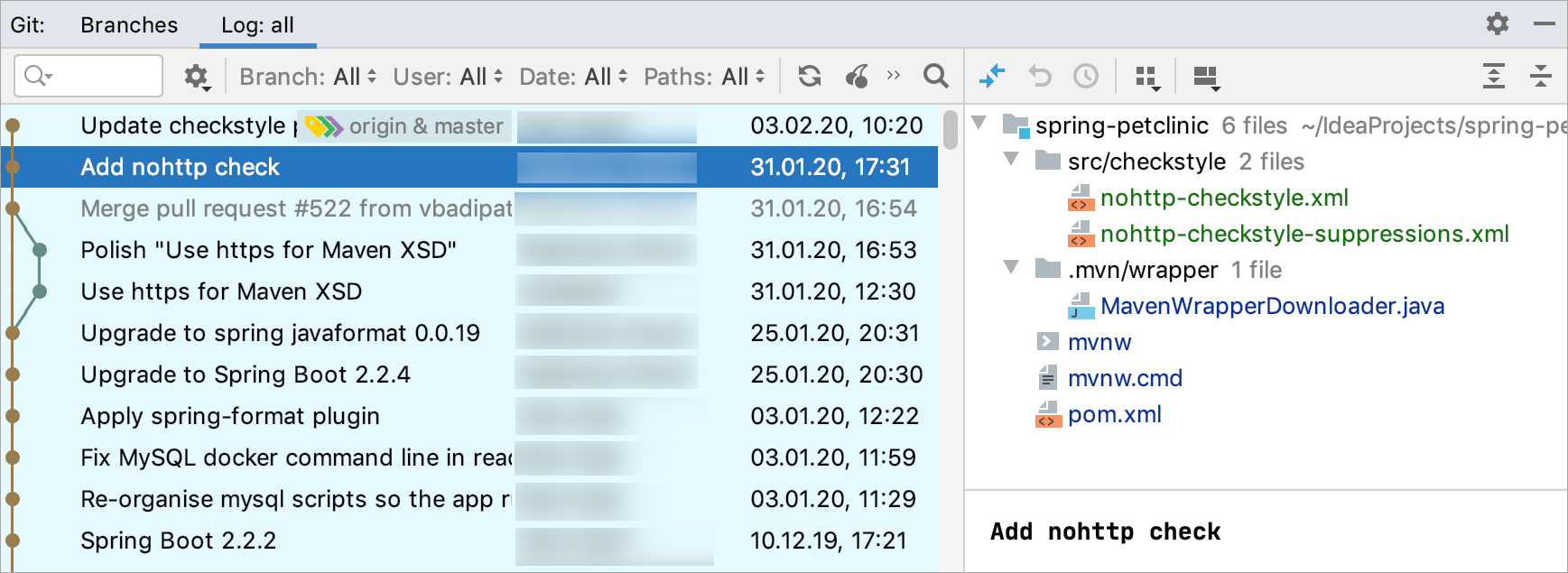 Gitツールウィンドウのログタブ The Log tab of the Git tool window
