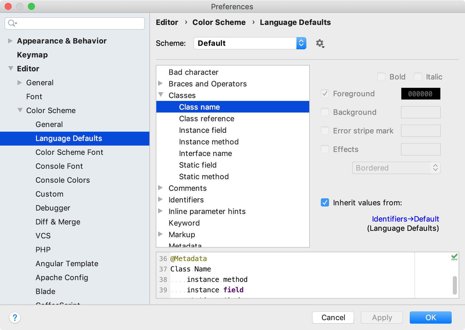 配色設定の言語デフォルトセクション Language Defaults section under Color Scheme settings