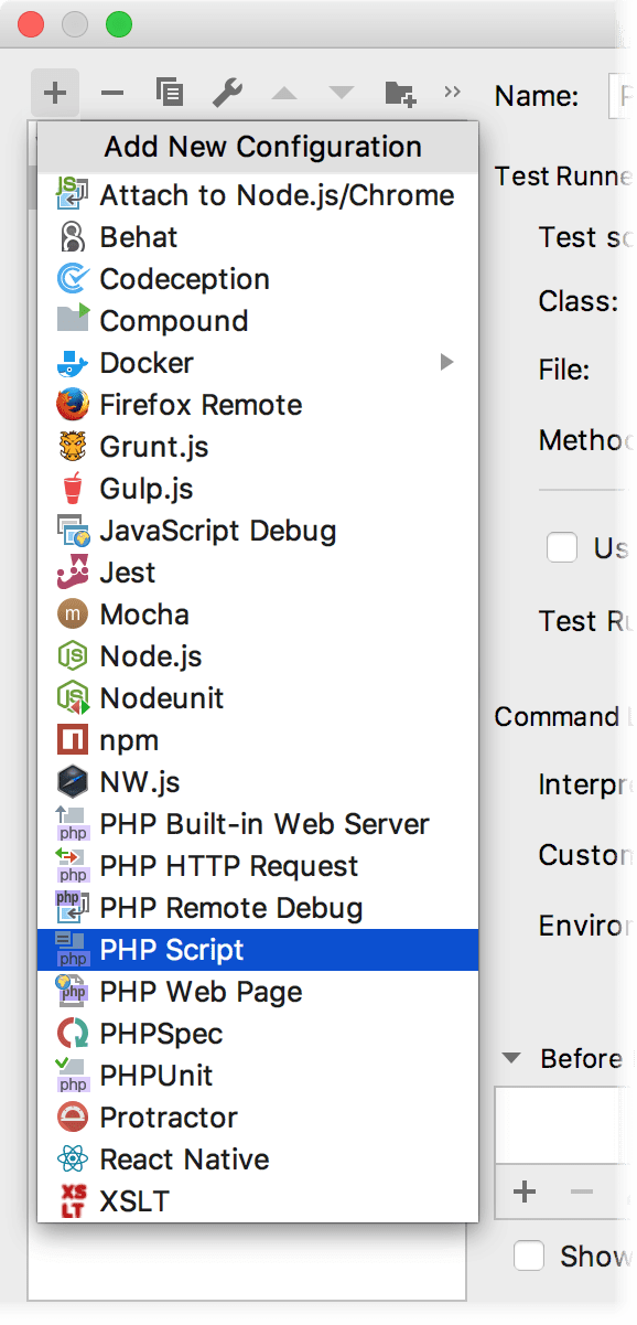 新しい実行 / デバッグ構成テンプレートの選択 Selecting a new run/debug configuration template