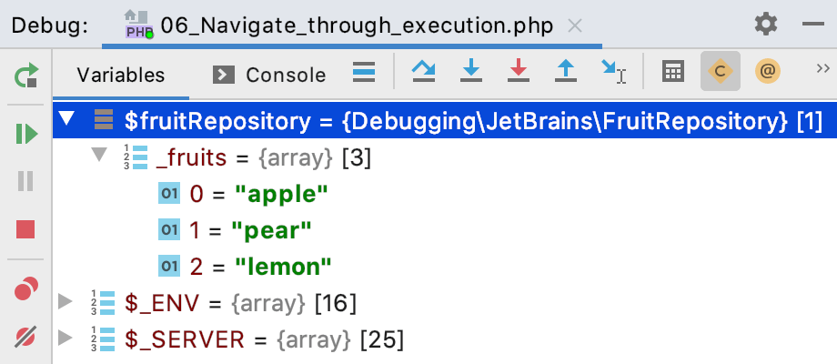 変数タブには、現在の実行ポイントから見える変数が表示されます The Variables tab shows you the variables visible from the current execution point