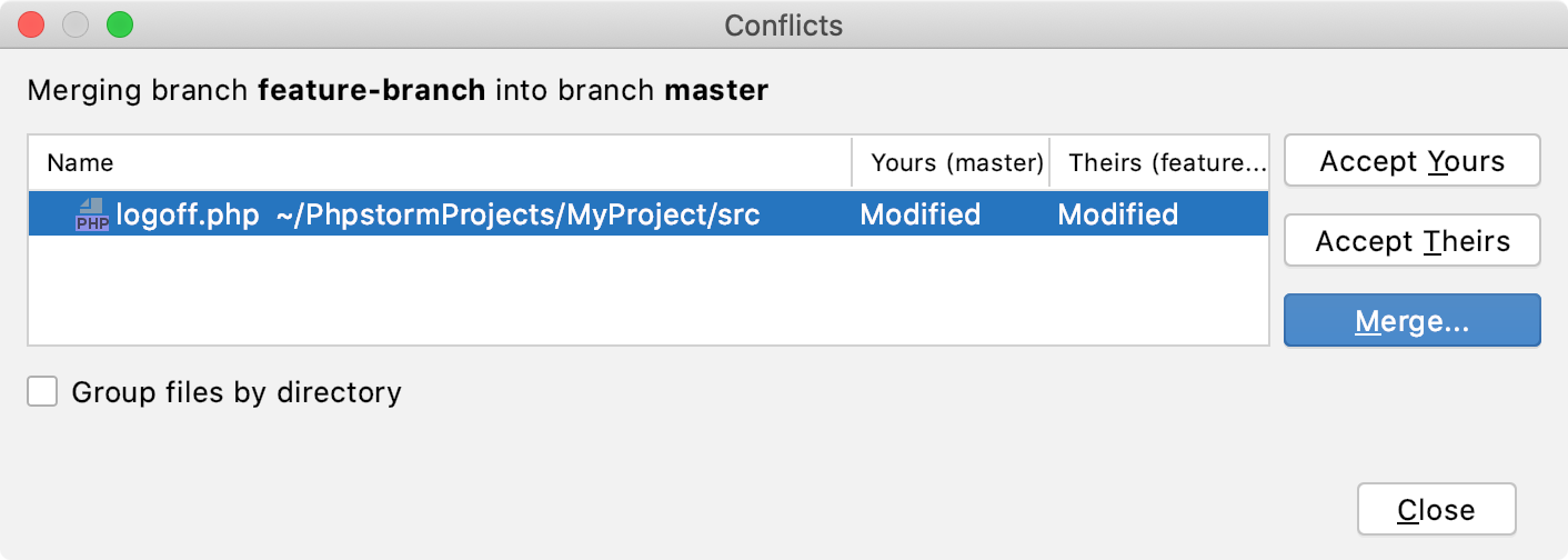 PhpStorm: VCS操作の競合ダイアログ PhpStorm: VCS operation conflicts dialog