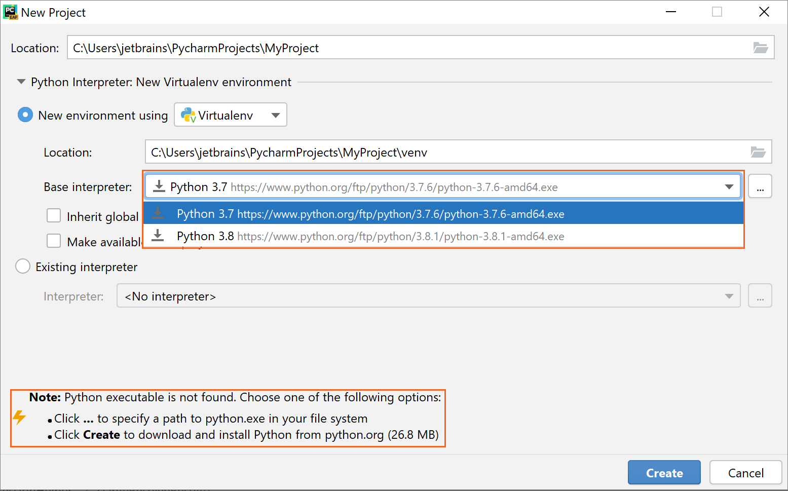新しいプロジェクトを作成するときにPythonをダウンロードする Downloading Python when creating a new project