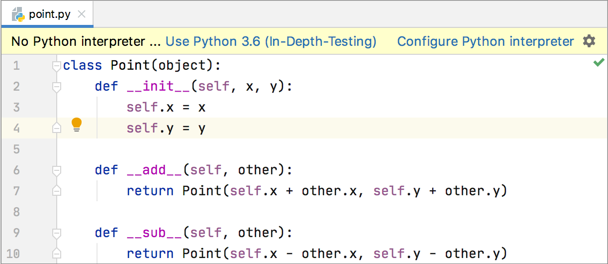 プロジェクトインタープリターを構成するオプションを含む警告メッセージ A warning message with the options to configure a project interpreter