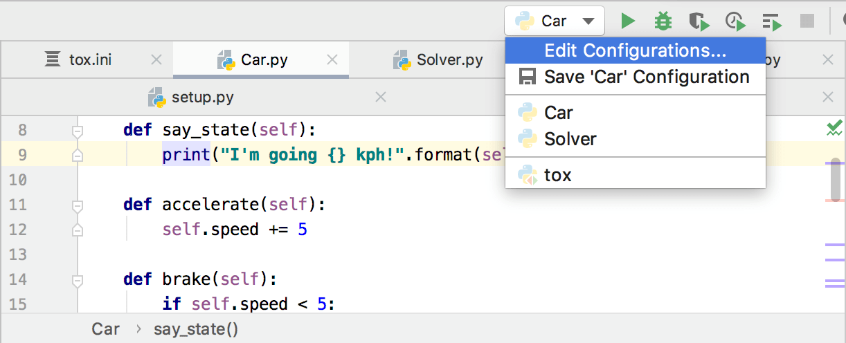 PyCharmの実行/デバッグ構成の選択 Choosing PyCharm run/debug configurations