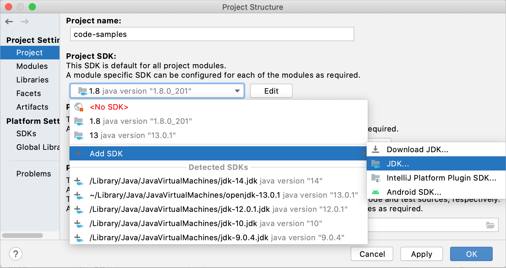 プロジェクトSDKを変更する Change the project SDK