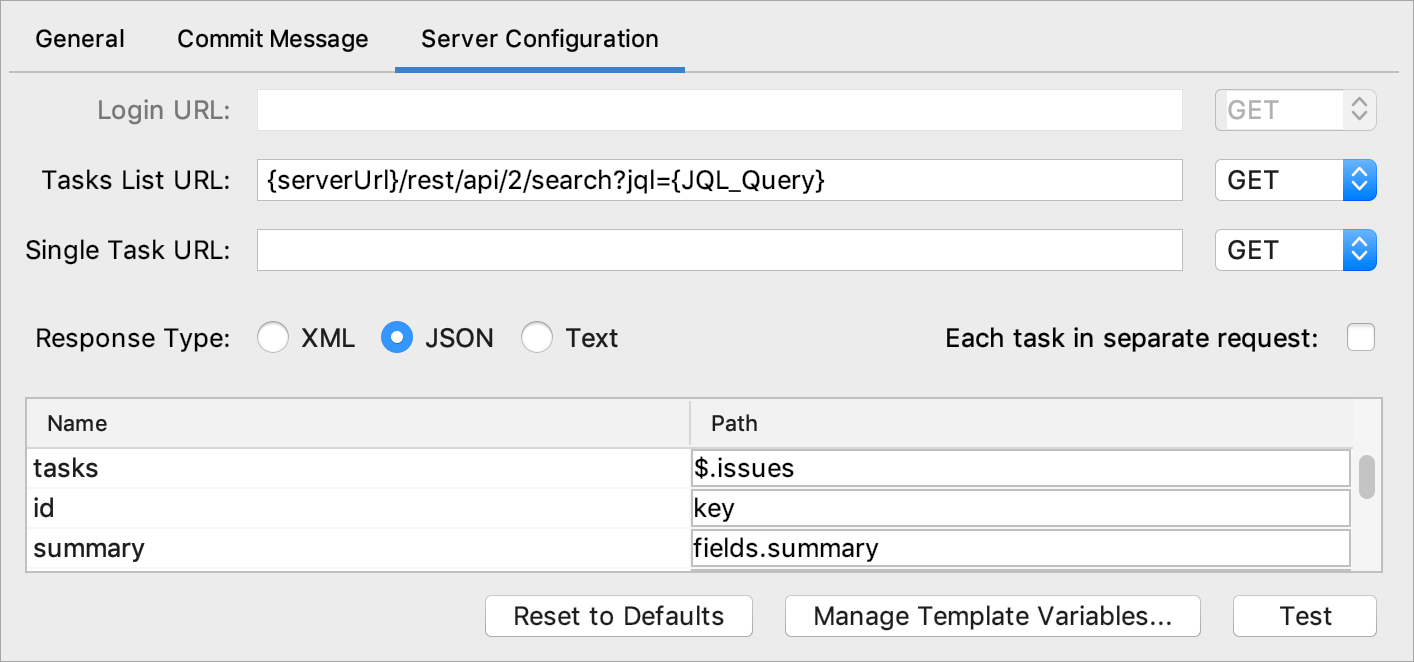 設定に表示されるサーバー構成タブ The Server Configuration tab shown in the settings