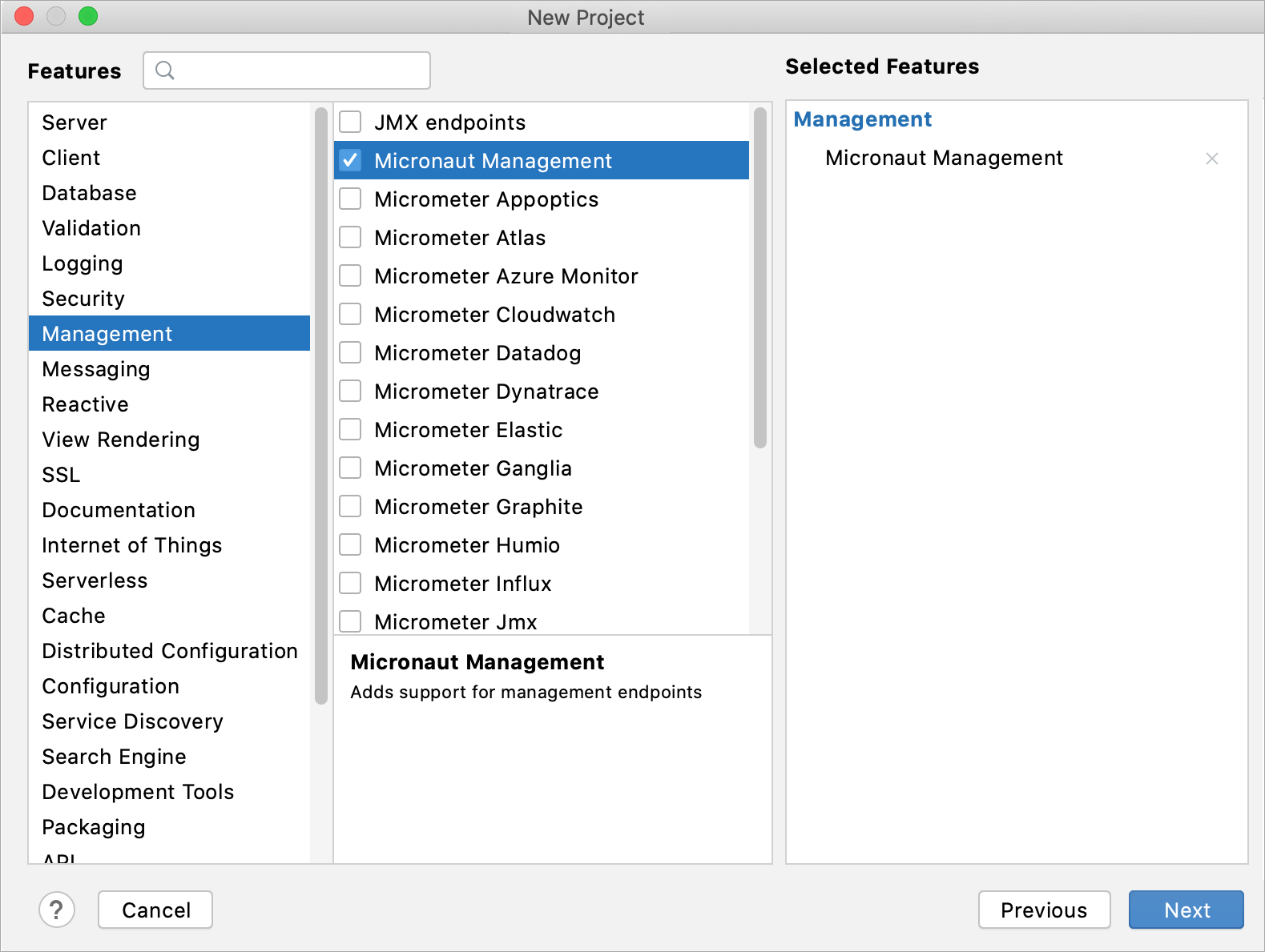 新しいMicronautプロジェクトの拡張機能の選択 Selecting extensions for the new Micronaut project