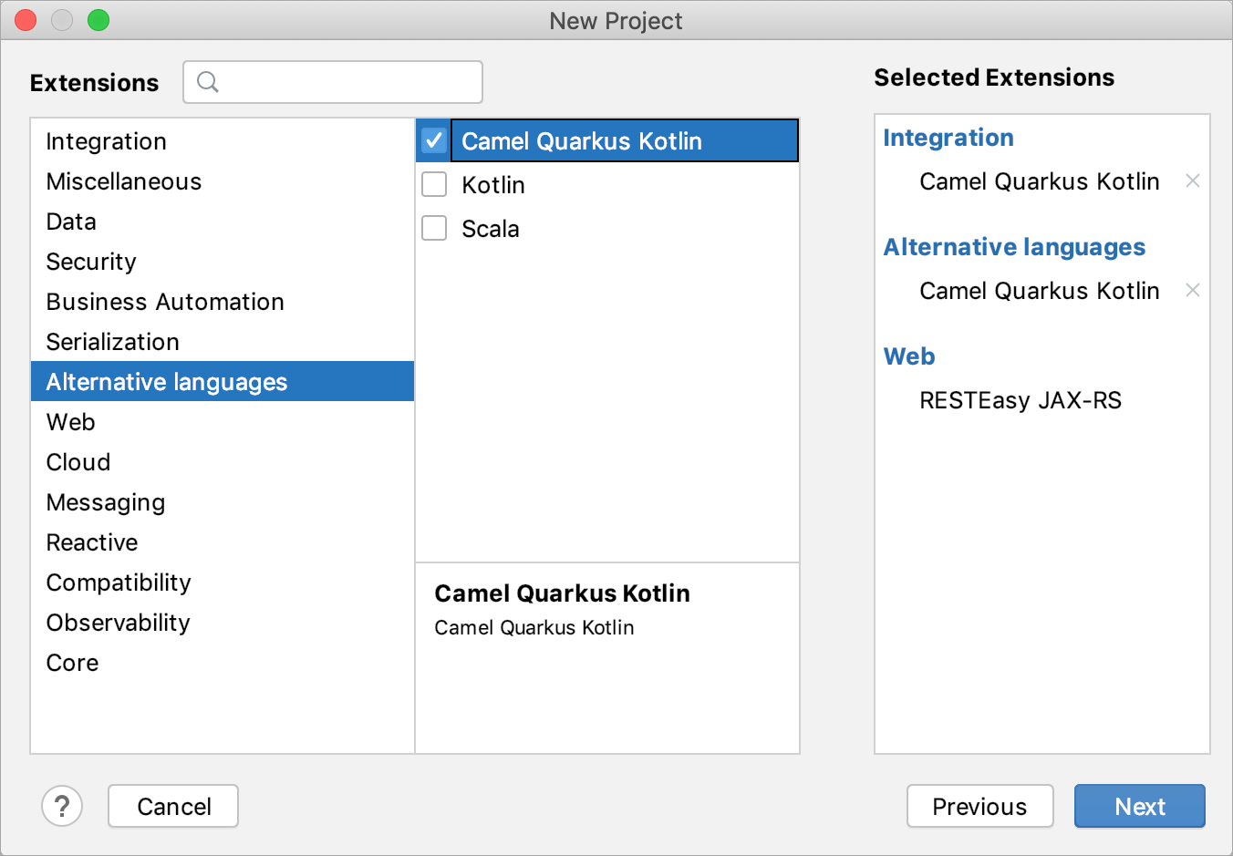 新しいQuarkusプロジェクトの拡張機能の選択 Selecting extensions for the new Quarkus project