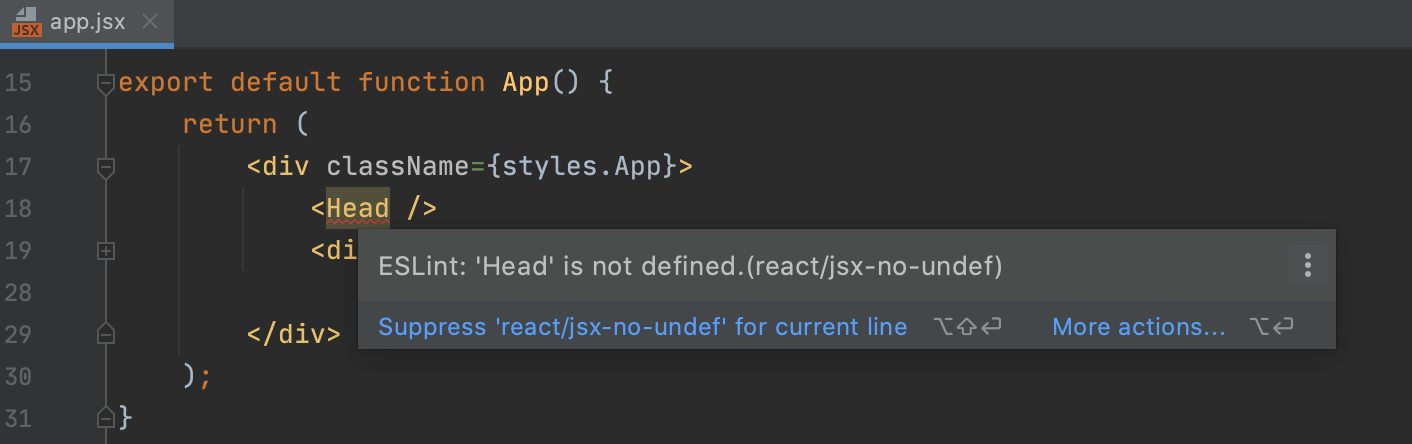 React を使用した ESLint:エラーと警告がハイライトされ、問題の説明がツールチップに表示されます。 ESLint with React: errors and warnings are highlighted, the description of a problem is shown in a tooltip.