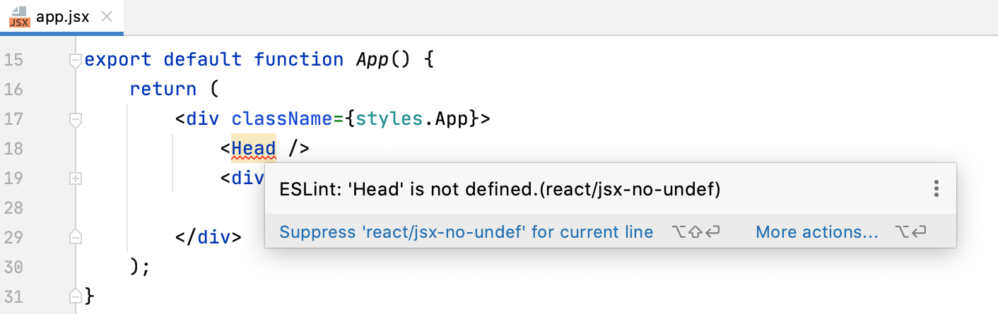 React を使用した ESLint:エラーと警告が強調表示され、問題の説明がツールチップに表示されます。 ESLint with React: errors and warnings are highlighted, the description of a problem is shown in a tooltip.