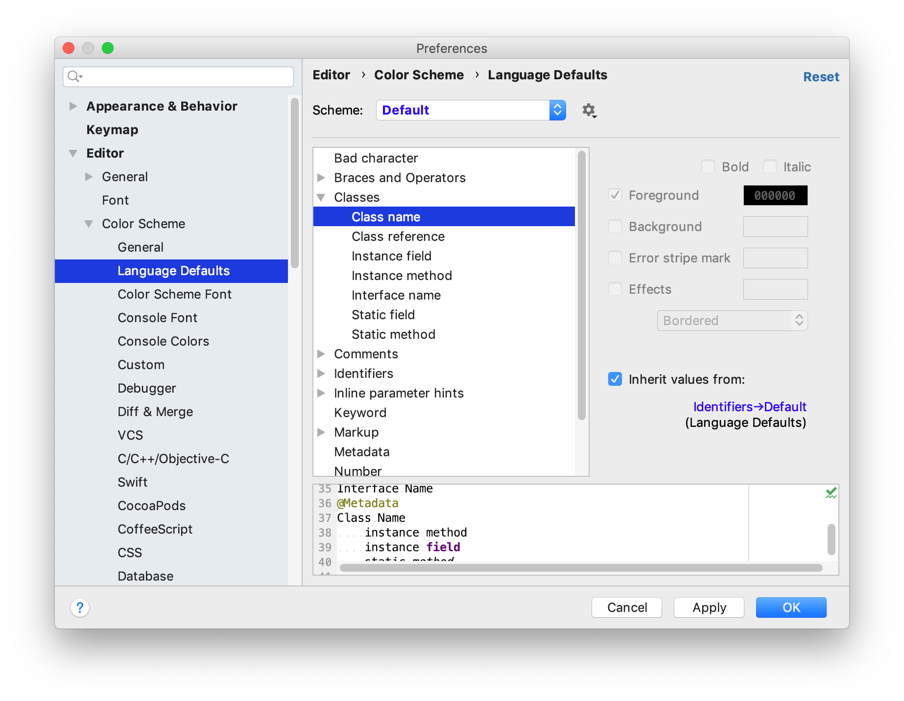 配色設定の言語デフォルトセクション Language Defaults section under Color Scheme settings