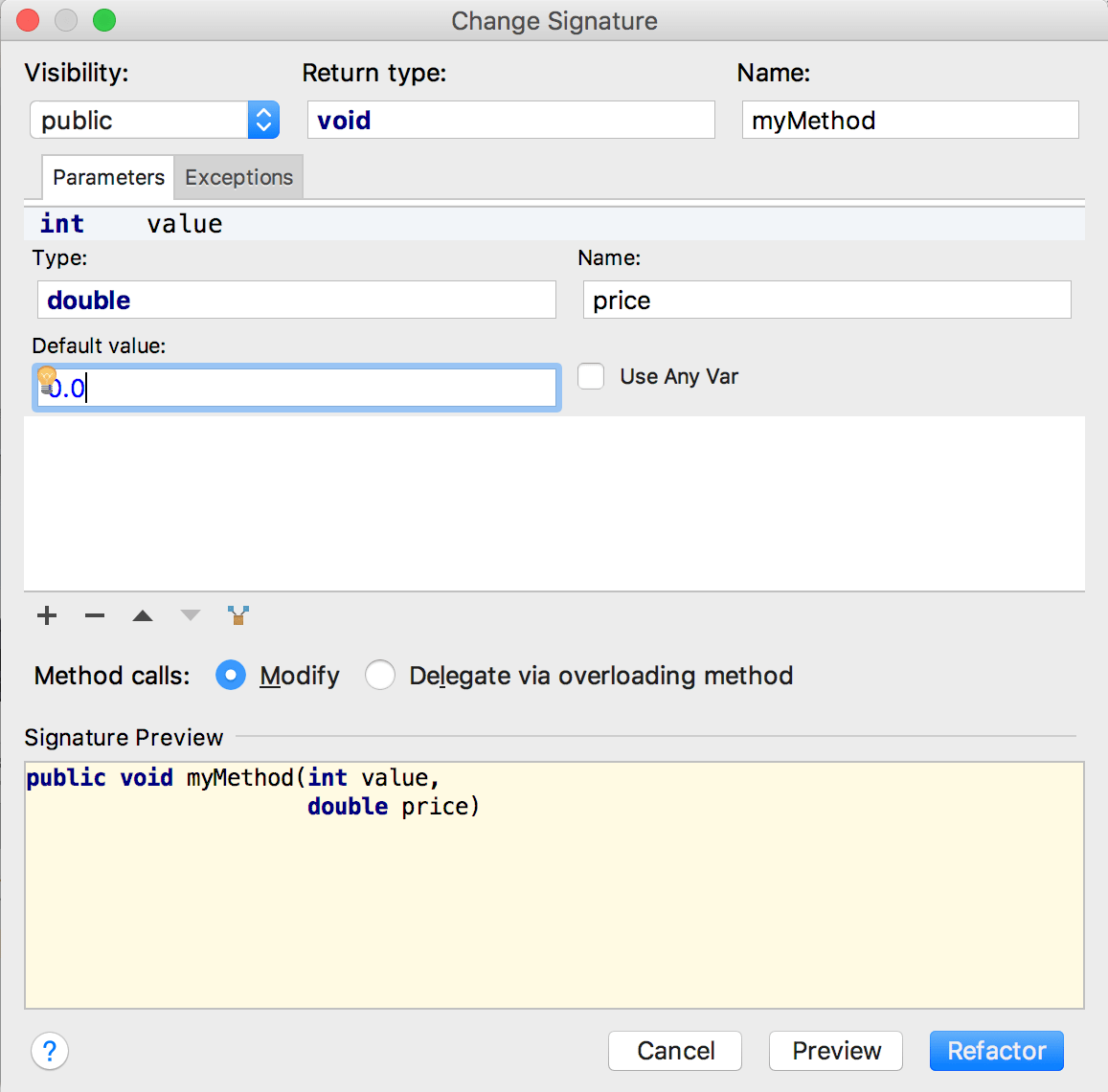 メソッドシグネチャーを変更する Change a method signature