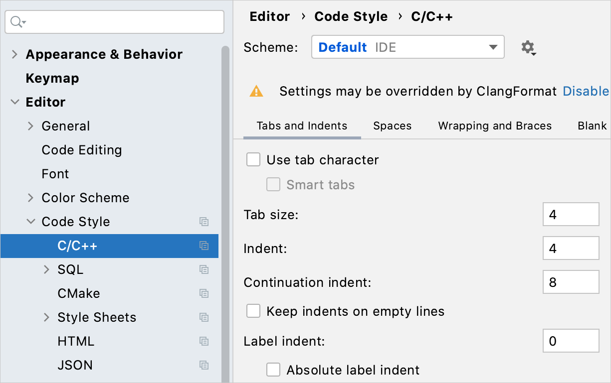C/C++ のコードスタイル設定 Code style settings for C/C++