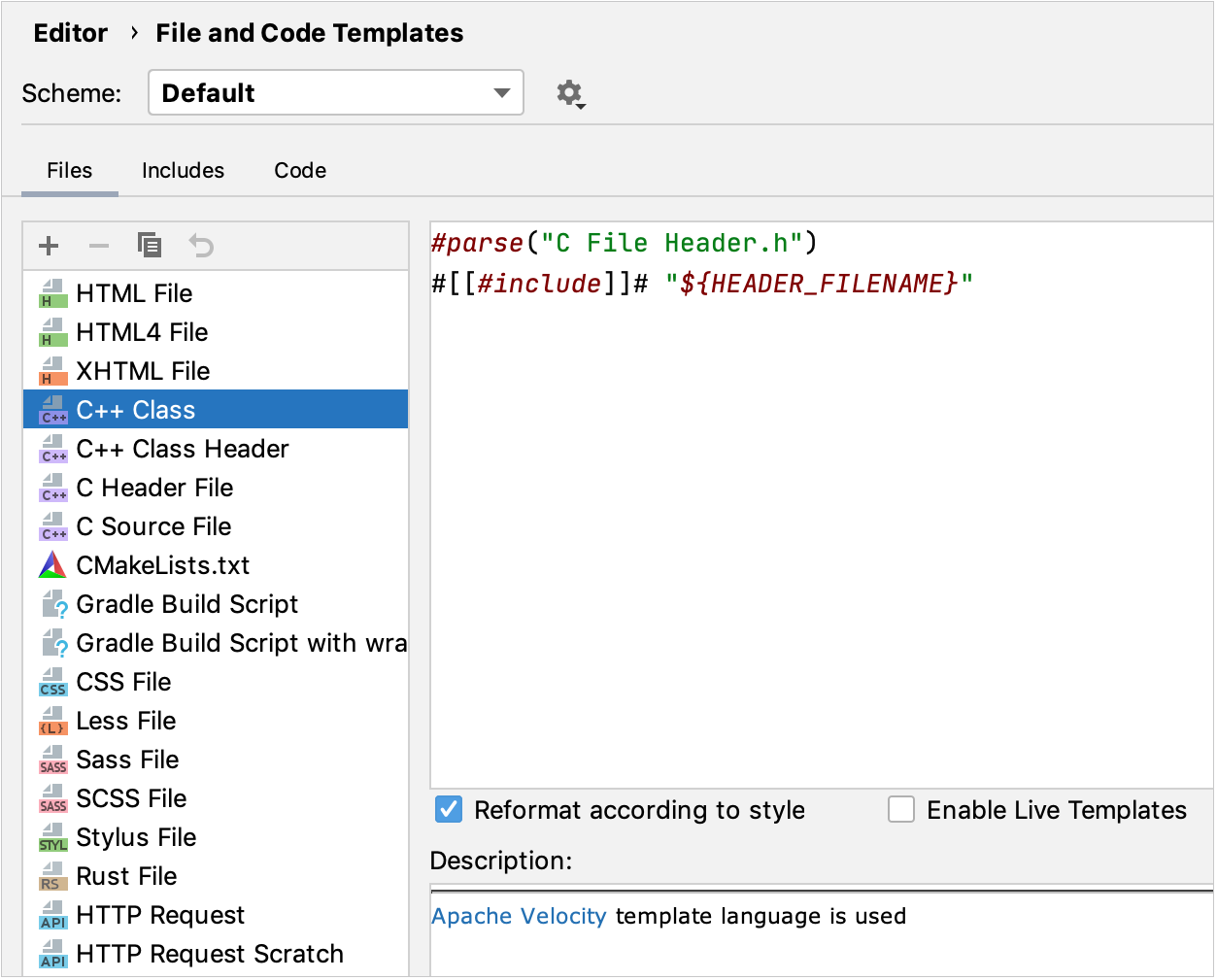 ファイルテンプレートの設定 File templates settings